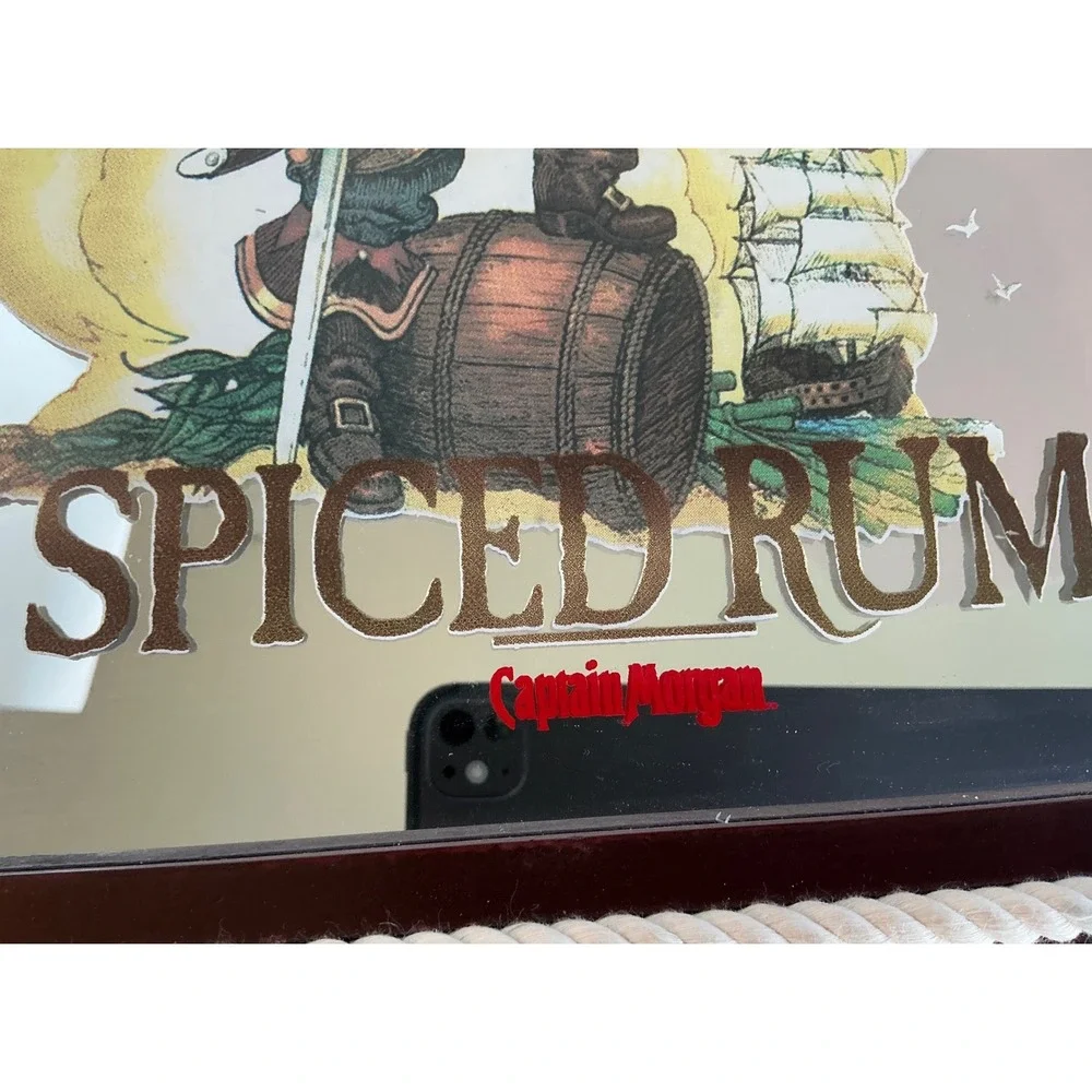 Captain Morgan Spiced Rum Bar Mirror Nautical Rope Frame 13x13 Tavern Decor